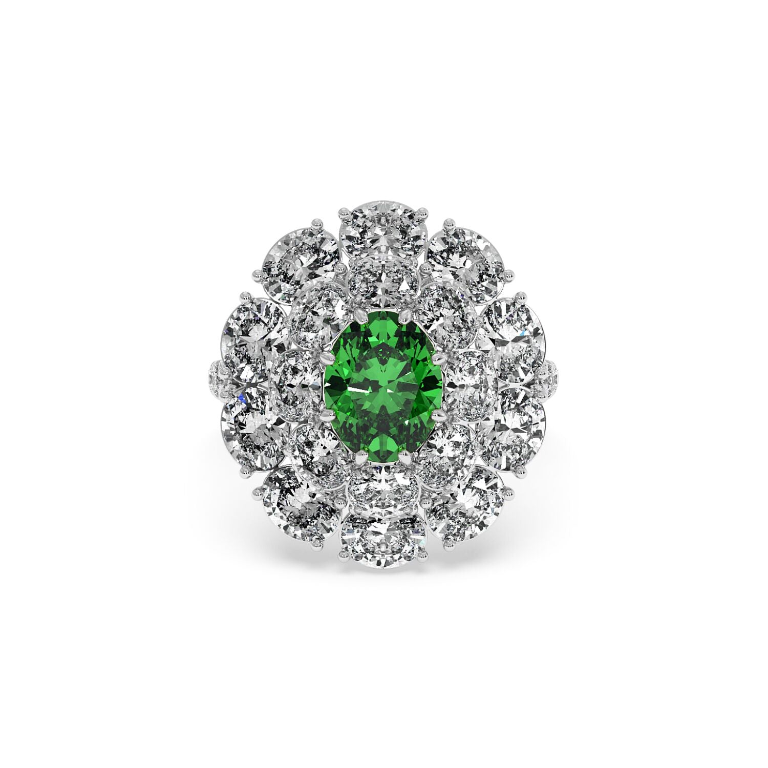 Elegant 14k white gold ring with a 2.50CT oval green YAG surrounded by sparkling diamonds, exuding luxury and sophistication.