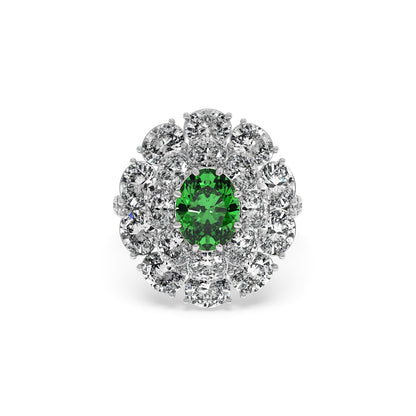 Elegant 14k white gold ring with a 2.50CT oval green YAG surrounded by sparkling diamonds, exuding luxury and sophistication.