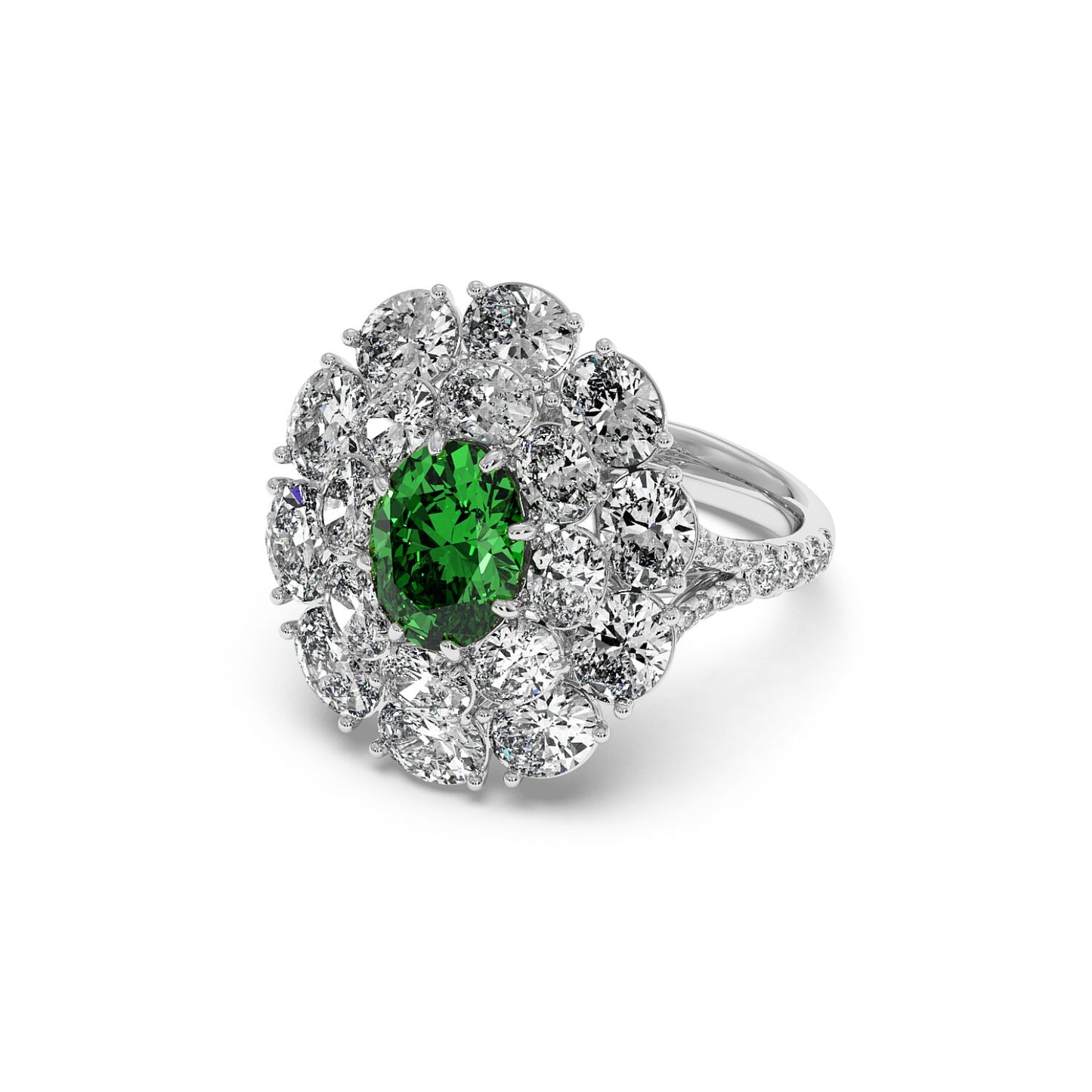 Luxurious 14k white gold ring with a 2.50CT oval green YAG surrounded by sparkling diamonds in a floral pattern, exuding elegance.