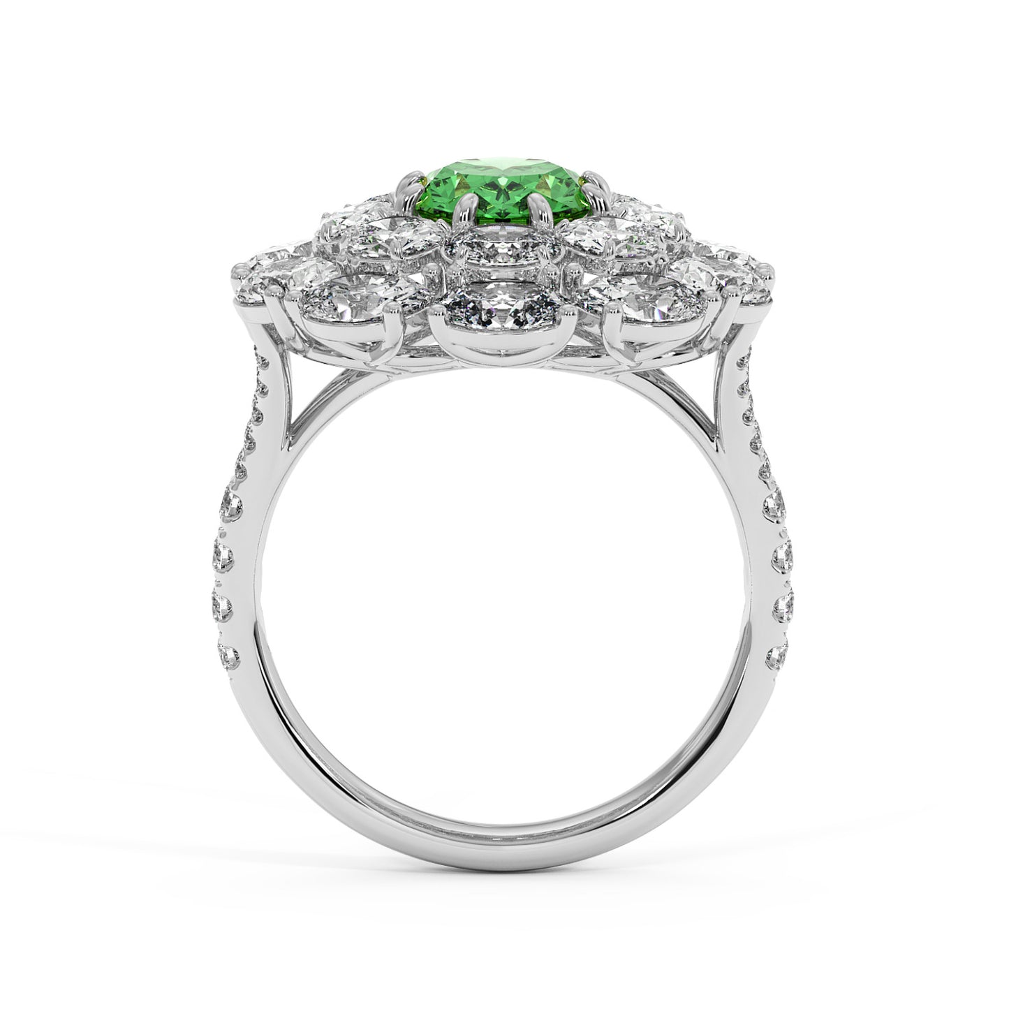Elegant 14k white gold ring with a 2.50CT oval green YAG surrounded by clear diamonds on a diamond-studded band, exuding luxury.