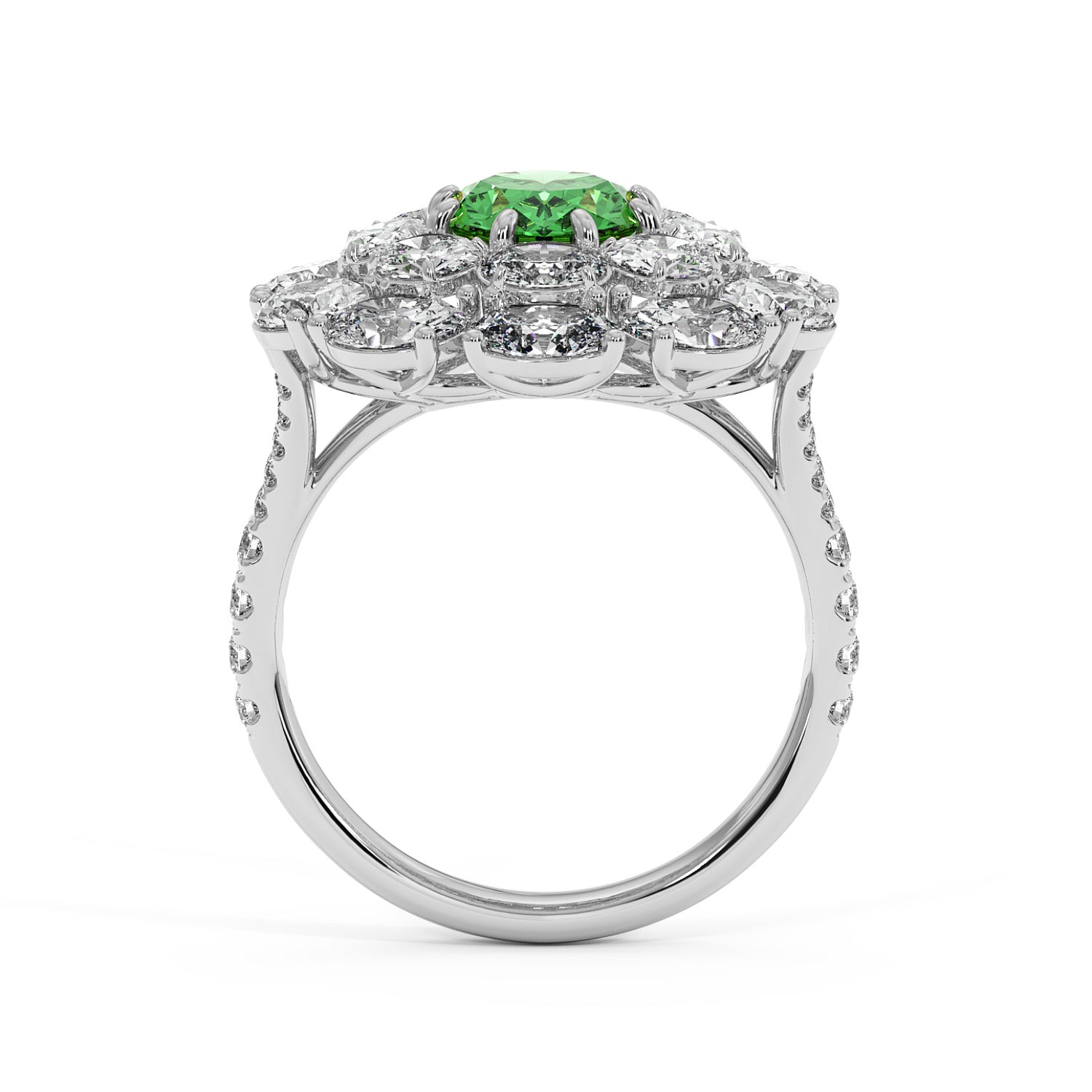 Elegant 14k white gold ring with a 2.50CT oval green YAG surrounded by clear diamonds on a diamond-studded band, exuding luxury.