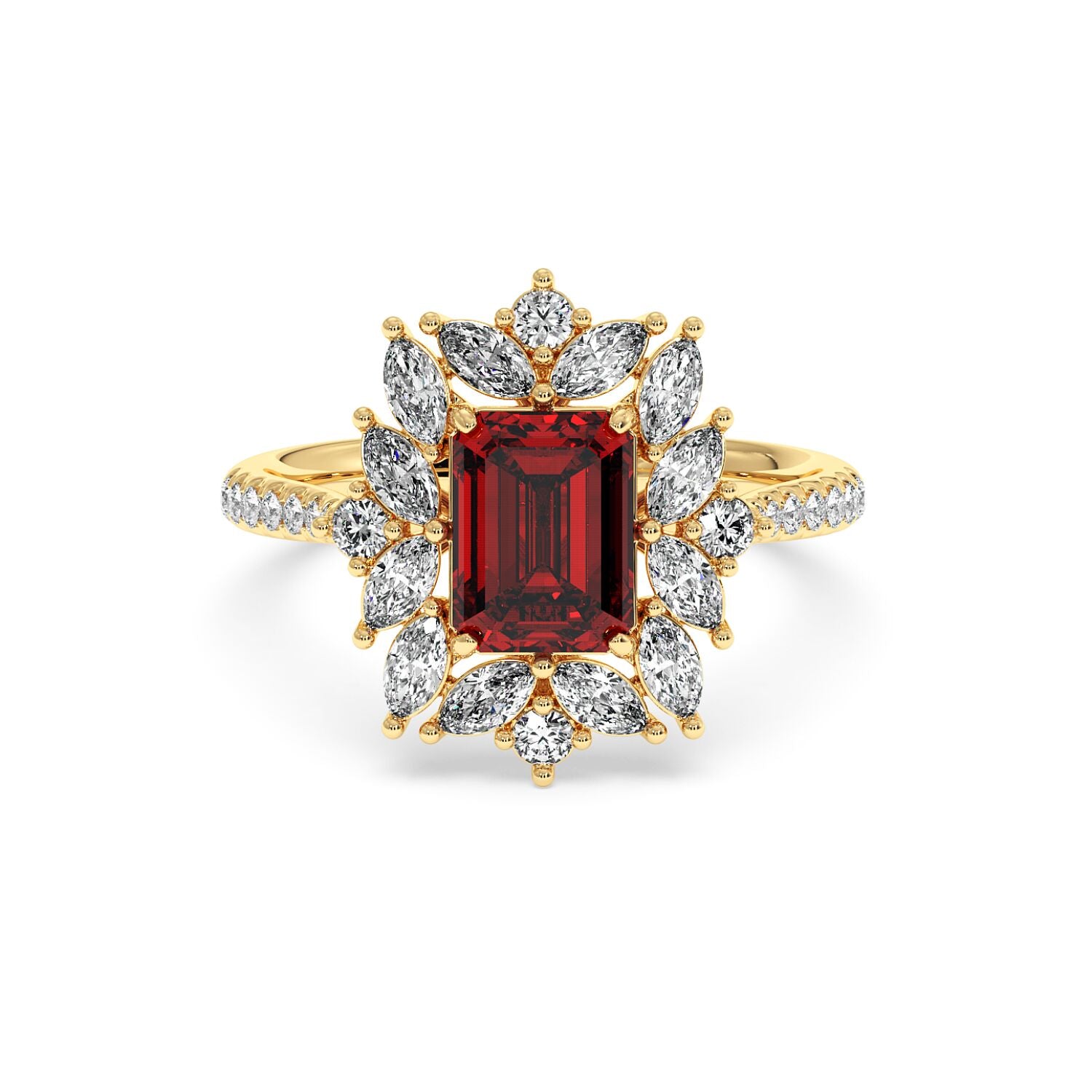 14k gold ring with a 2.25CT red ruby center, surrounded by marquise diamonds and a diamond-encrusted band, exuding luxury and elegance.