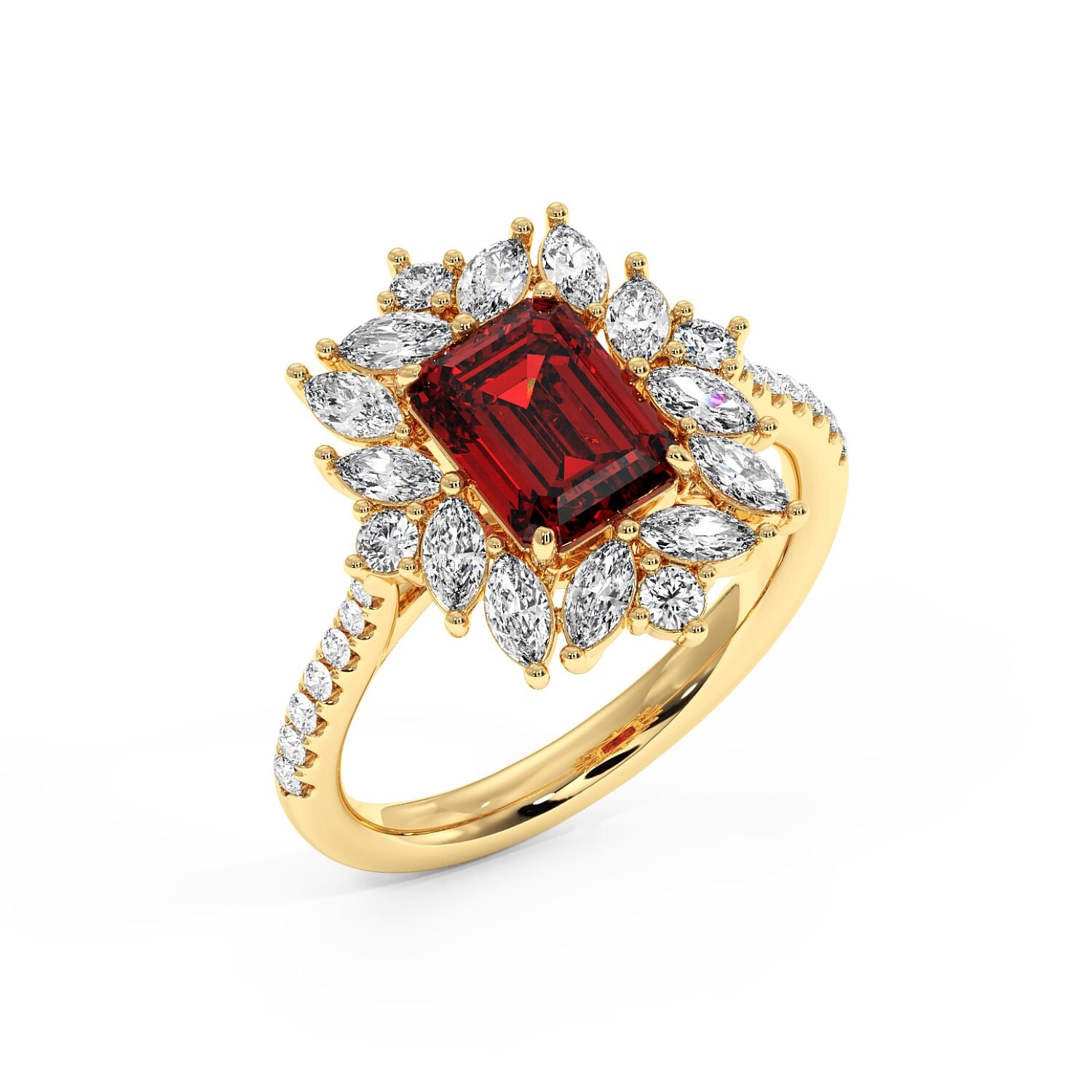 Top view of 14k gold ring with a 2.25CT red ruby center, surrounded by marquise diamonds and a diamond-encrusted band, exuding luxury and elegance.