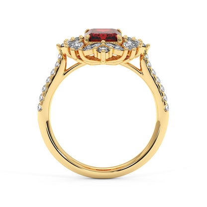14k gold ring with a 2.25CT red ruby center surrounded by white diamonds, with a diamond-detailed band, exuding luxury and elegance.