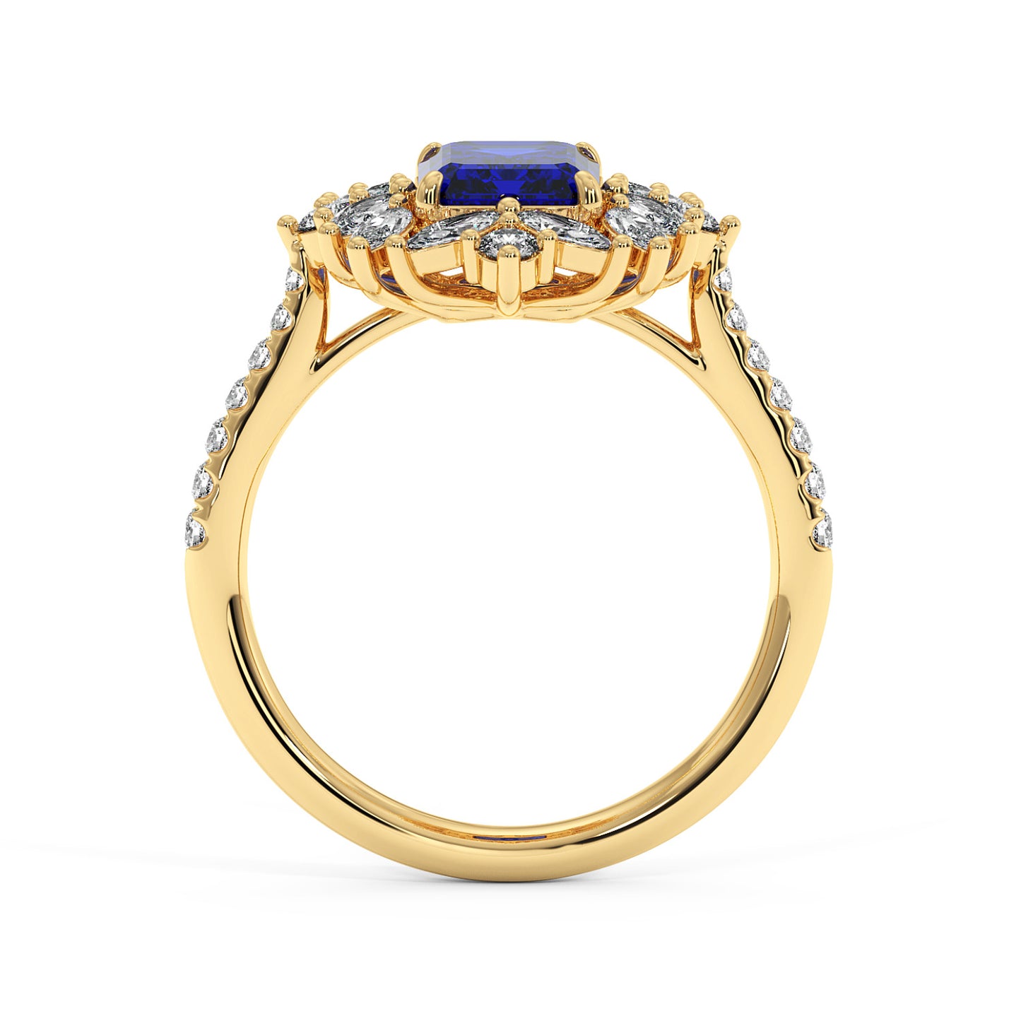 14k gold ring with a 2.25CT blue sapphire center surrounded by small diamonds, with a diamond-adorned band, exuding luxury and sophistication.