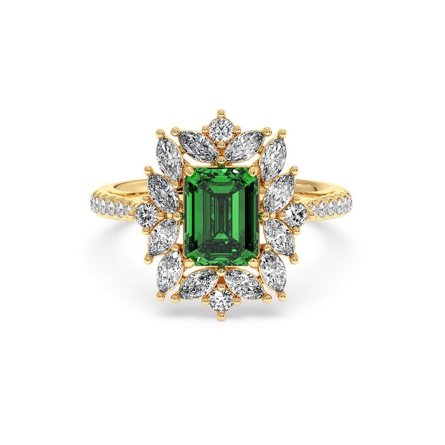 14k gold ring with a 2.25CT green YAG center, surrounded by small diamonds on the band, exuding elegance and luxury.