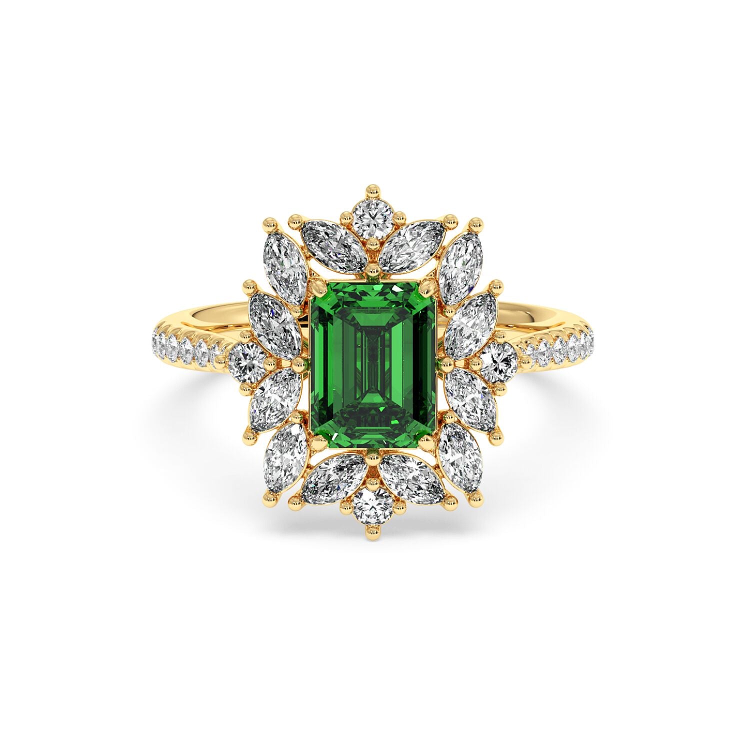 14k gold ring with a 2.25CT green YAG center, surrounded by small diamonds on the band, exuding elegance and luxury.