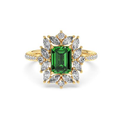 14k gold ring with a 2.25CT green YAG center, surrounded by small diamonds on the band, exuding elegance and luxury.
