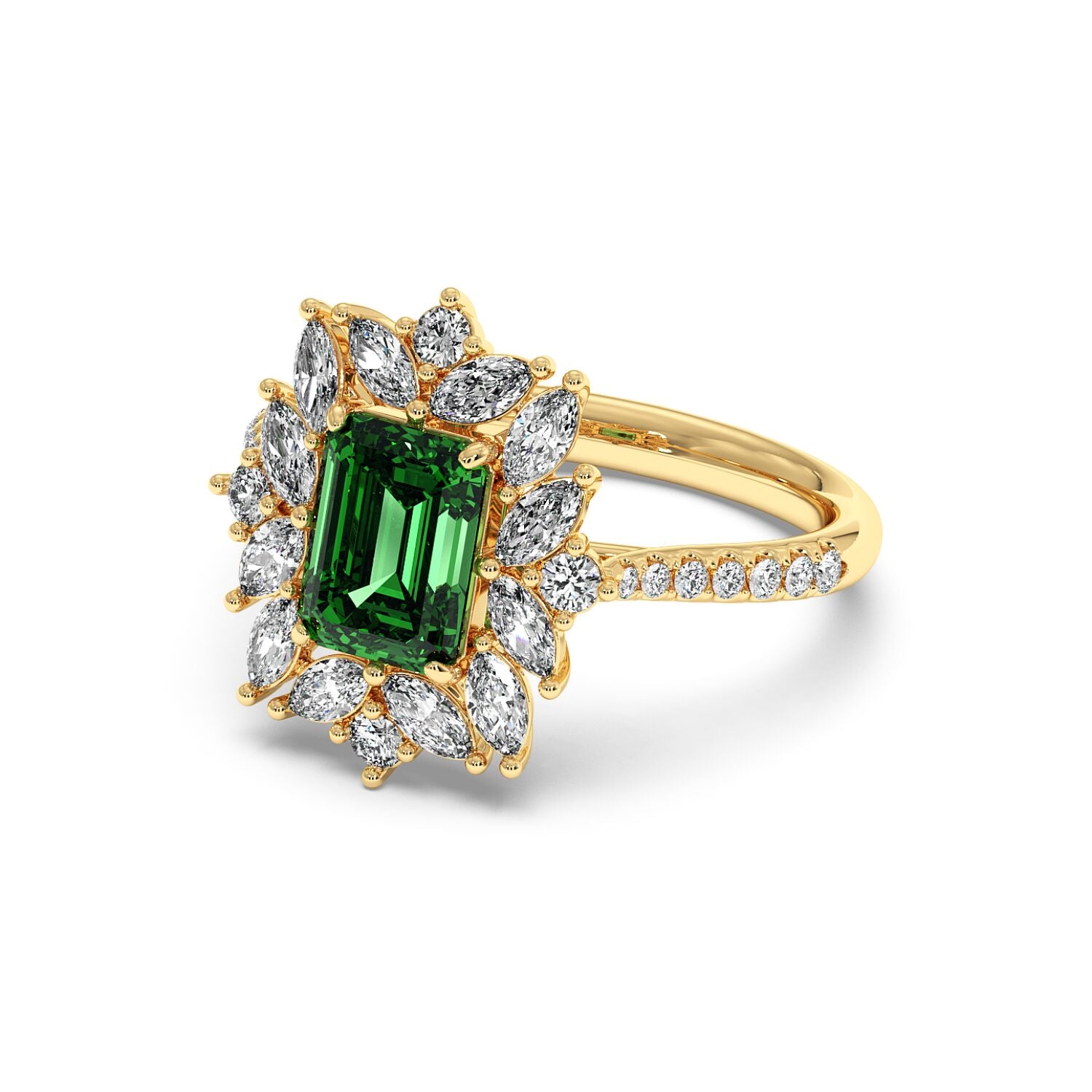 14k gold ring with a 2.25CT emerald-cut green YAG, surrounded by marquise diamonds in a floral design, with a diamond-studded band.