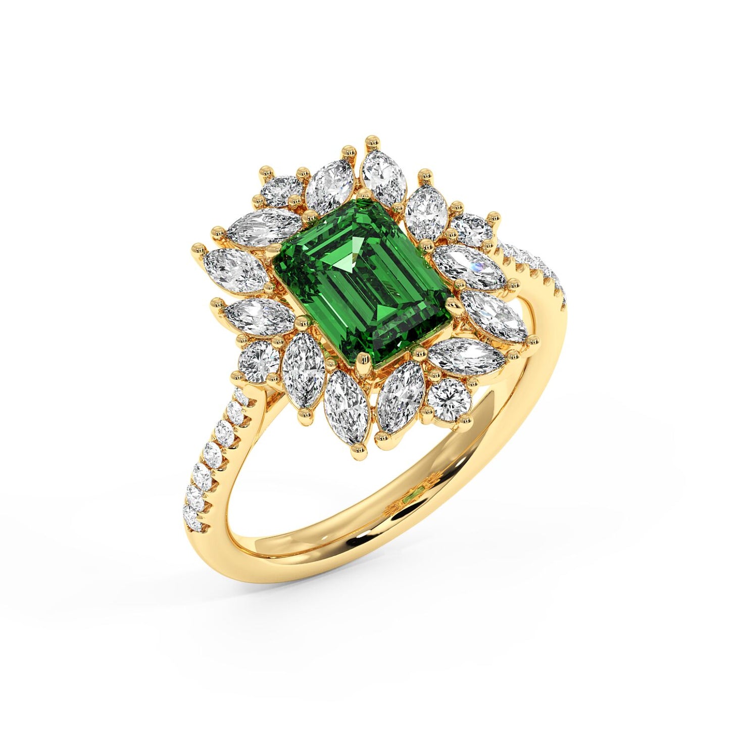 Top view of 14k gold ring with a 2.25CT green YAG center, surrounded by small diamonds on the band, exuding elegance and luxury.