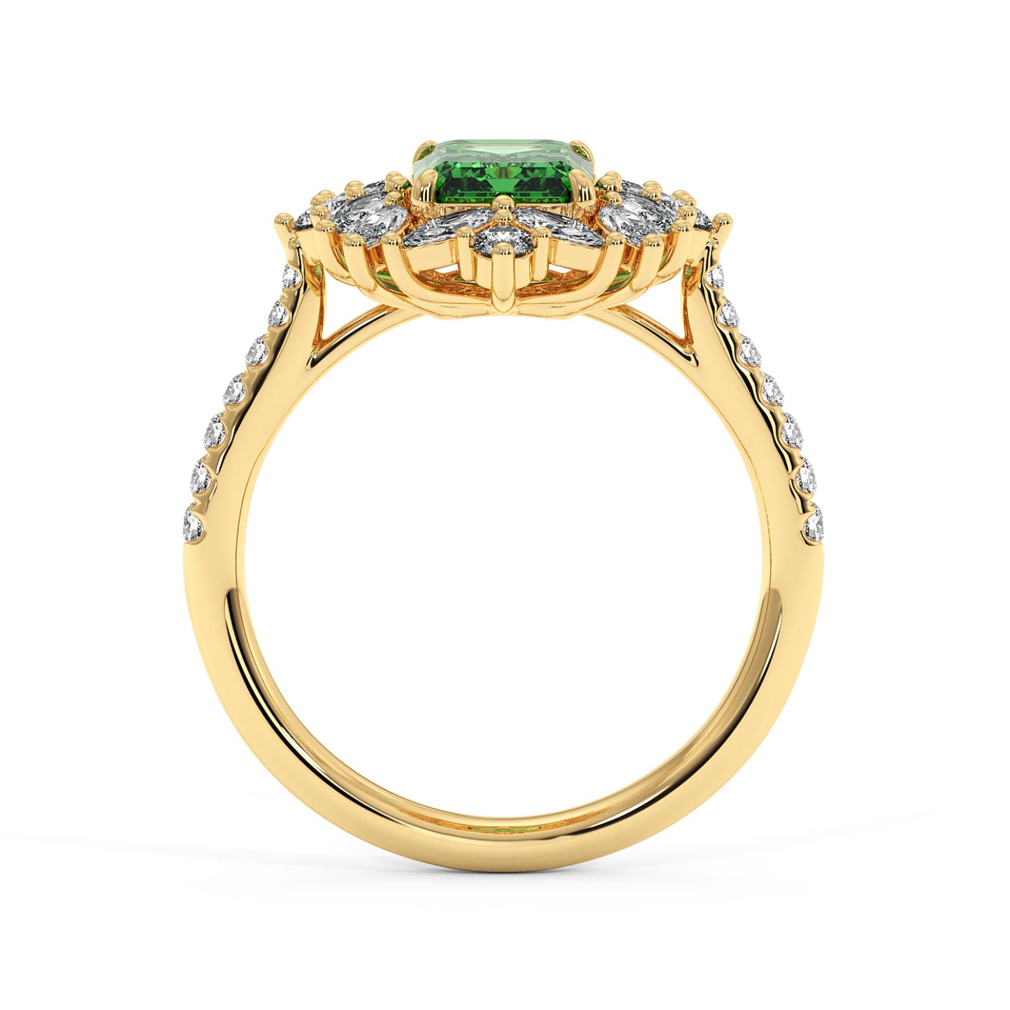 14k gold ring with a 2.25CT green YAG center, surrounded by small diamonds and diamond accents on the band, exuding elegance and luxury.