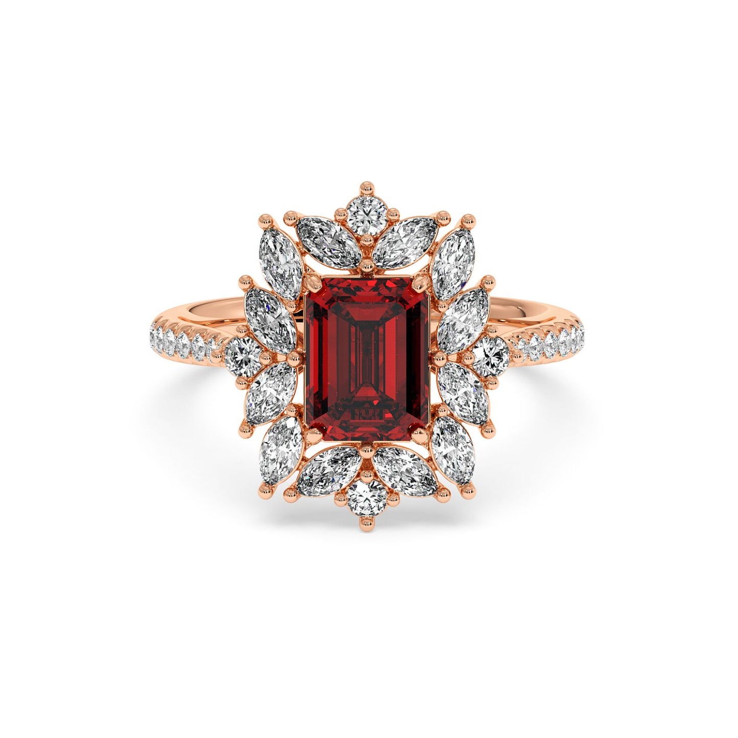 14k rose gold ring with a 2.25CT red ruby center, surrounded by marquise and round diamonds in an elegant floral design.