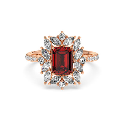 14k rose gold ring with a 2.25CT red ruby center, surrounded by marquise and round diamonds in an elegant floral design.
