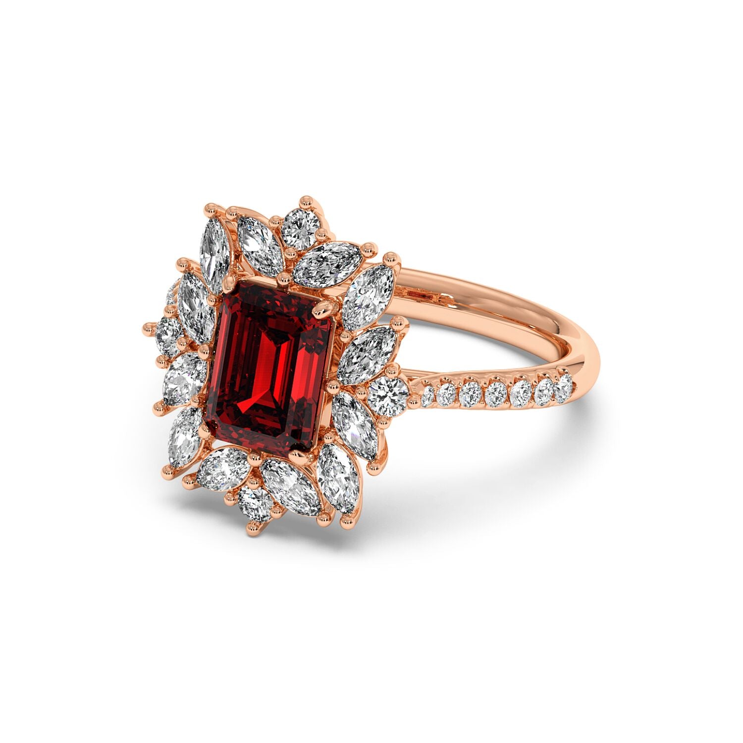 Elegant 14k rose gold ring with a 2.25CT red ruby surrounded by marquise diamonds and a diamond-studded band, exuding luxury.