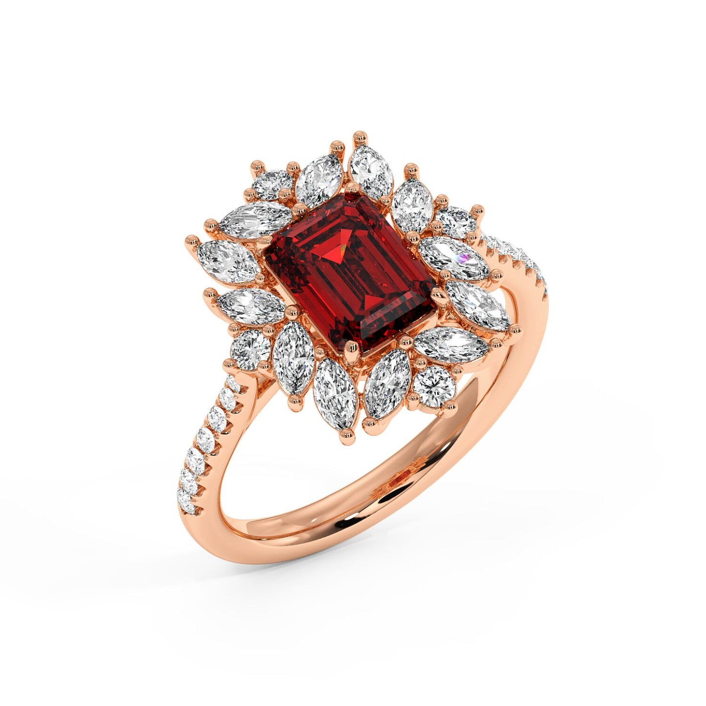 Top view of 14k rose gold ring with a 2.25CT red ruby center, surrounded by marquise and round diamonds in an elegant floral design.