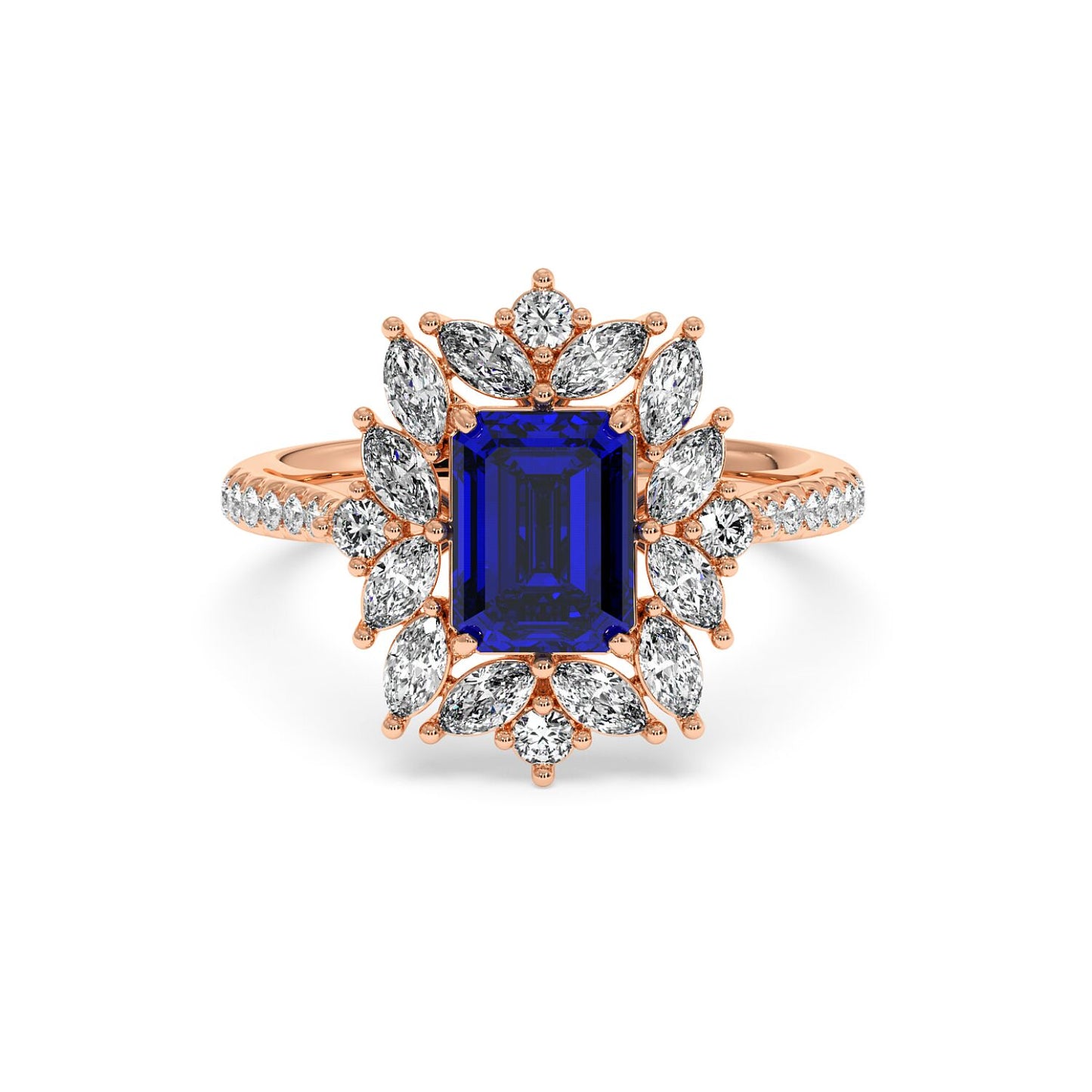 14k rose gold ring with a 2.25CT blue sapphire center surrounded by marquise diamonds in a floral halo design, exuding elegance.