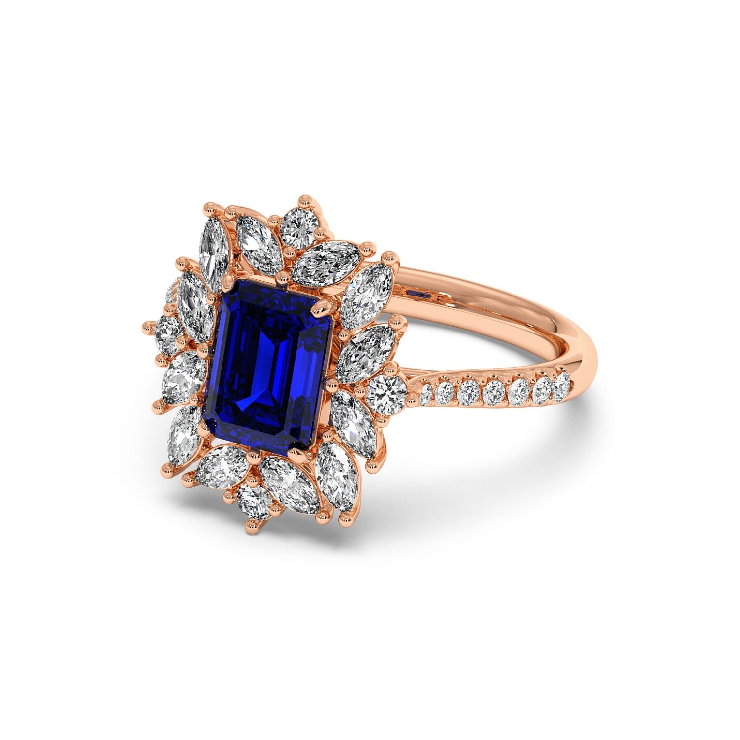 14k rose gold ring with a 2.25CT blue sapphire surrounded by sparkling white diamonds in a floral pattern and a diamond-studded band.