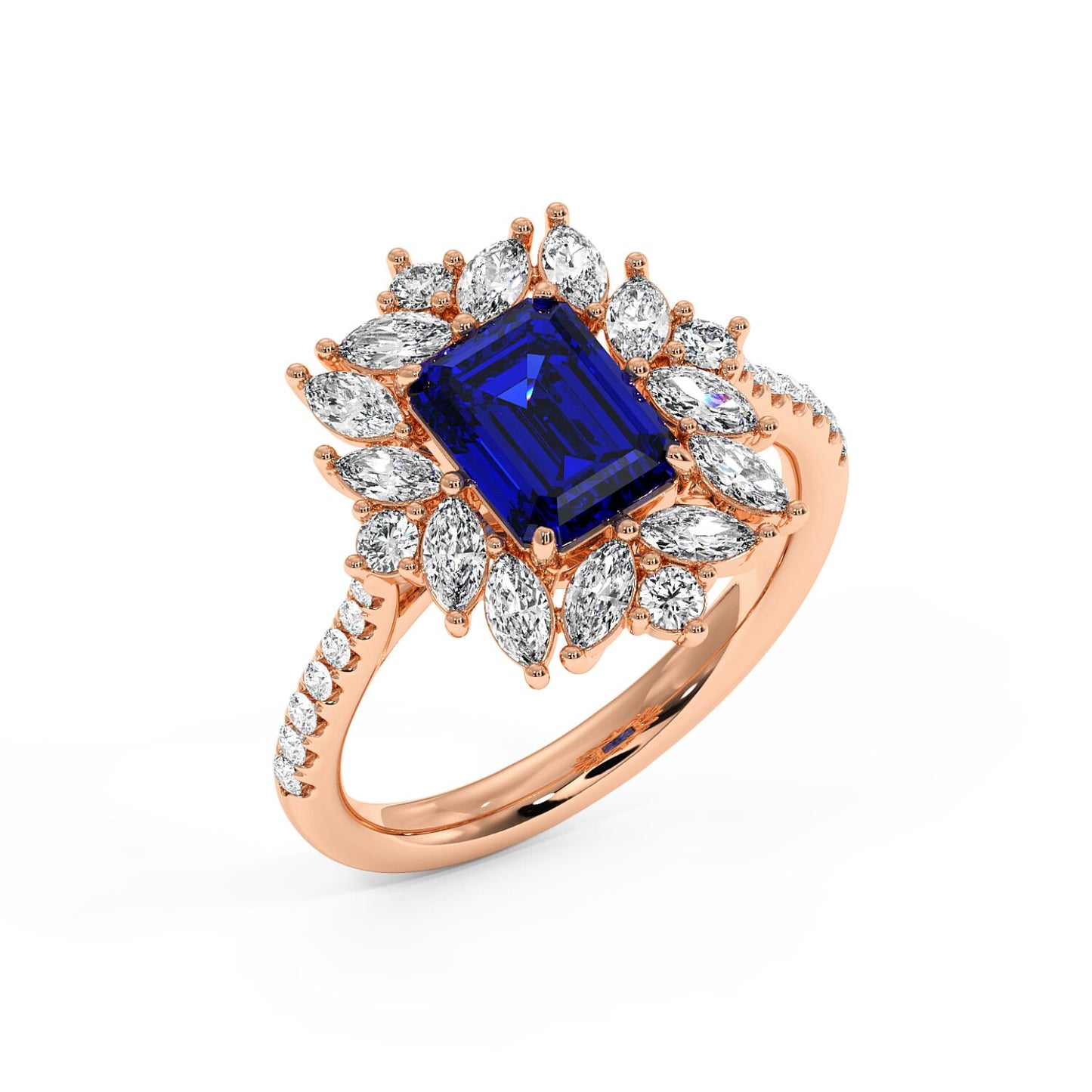 Top view of 14k rose gold ring with a 2.25CT blue sapphire center surrounded by marquise diamonds in a floral halo design.