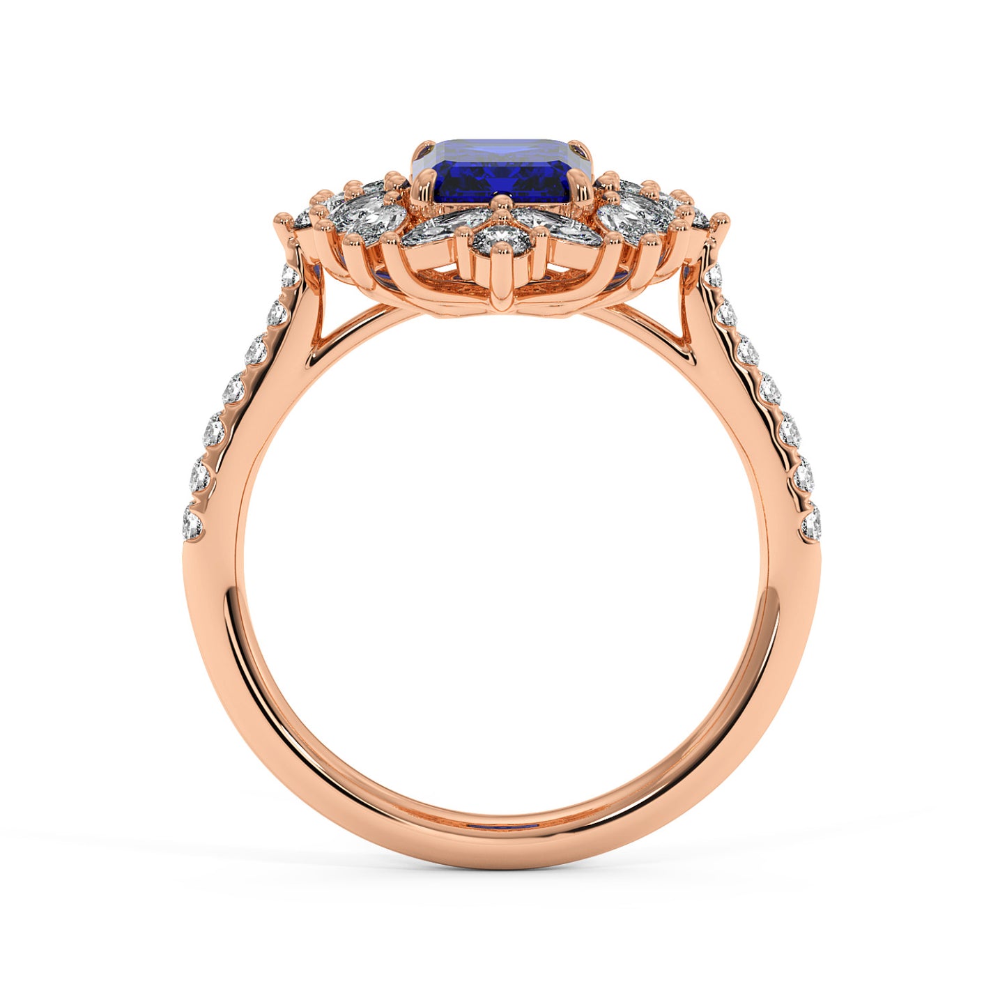 14k rose gold ring with a 2.25CT blue sapphire center and diamond accents on the band, featuring a detailed lattice setting for elegance.