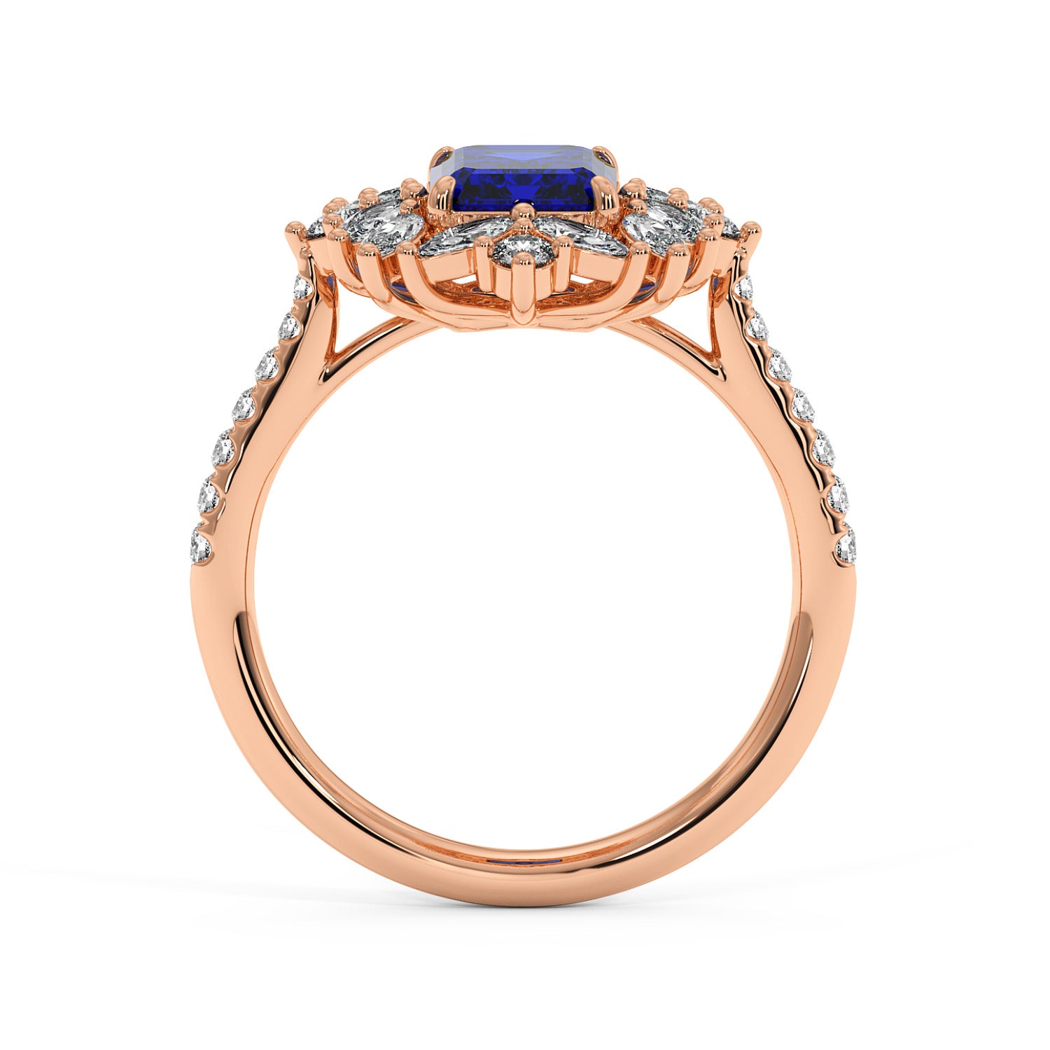 14k rose gold ring with a 2.25CT blue sapphire center and diamond accents on the band, featuring a detailed lattice setting for elegance.