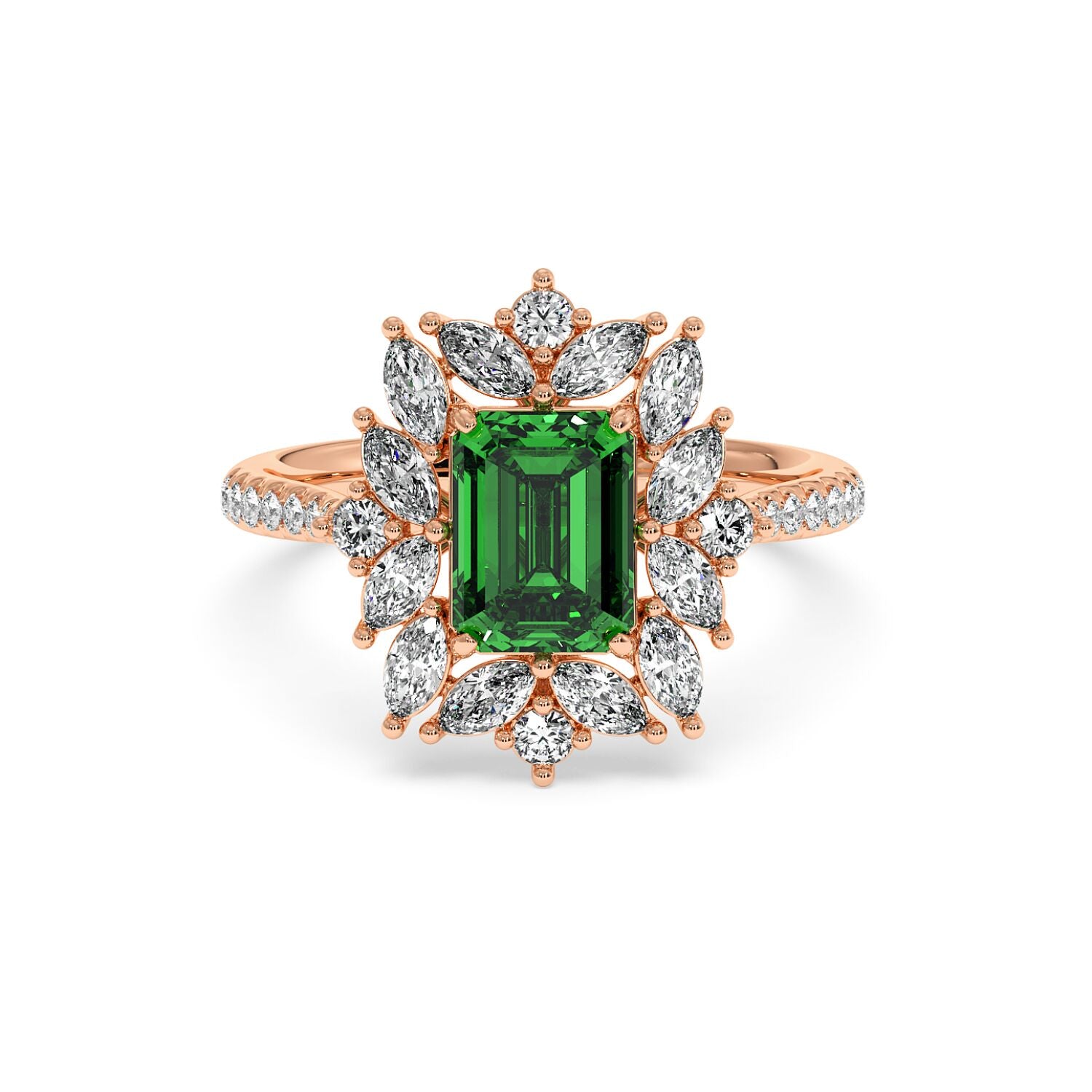 14k rose gold ring with a 2.25CT green YAG center surrounded by marquise and round diamonds, creating an elegant and luxurious design.