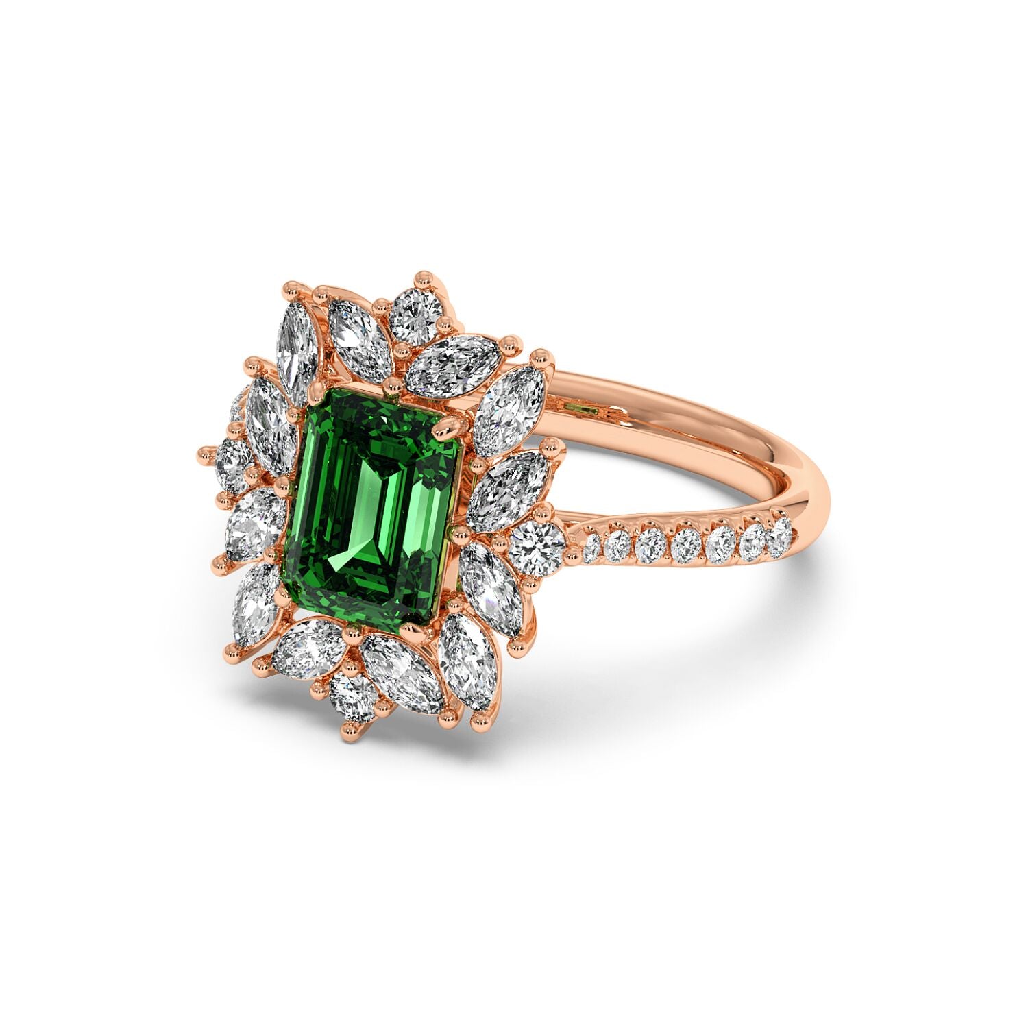 14k rose gold ring with a 2.25CT green YAG emerald-cut center framed by marquise and round diamonds, exuding elegance and luxury.