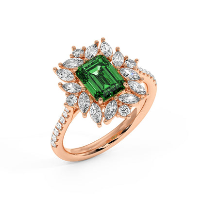 Top view of 14k rose gold ring with a 2.25CT green YAG center surrounded by marquise and round diamonds.