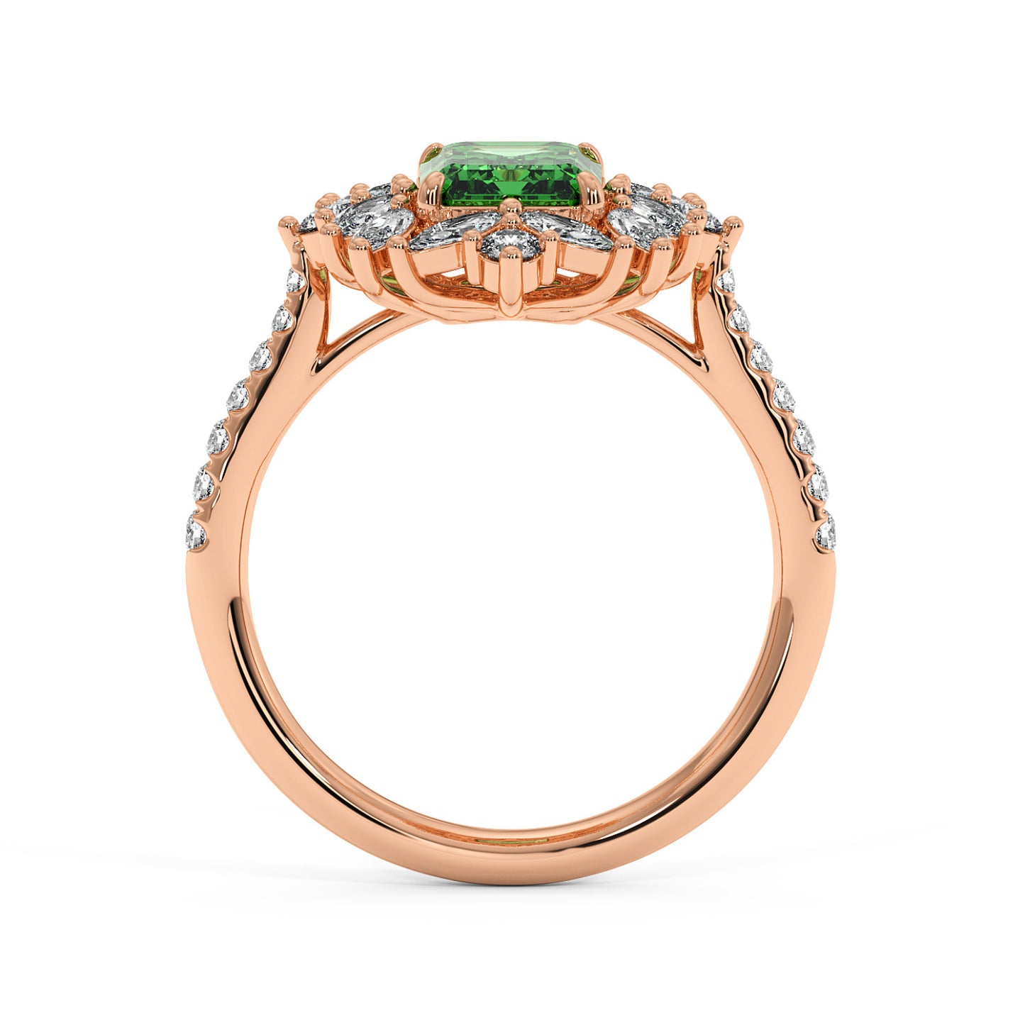 14k rose gold ring with a 2.25CT green YAG center flanked by diamond clusters on a diamond-studded band, exuding elegance and luxury.