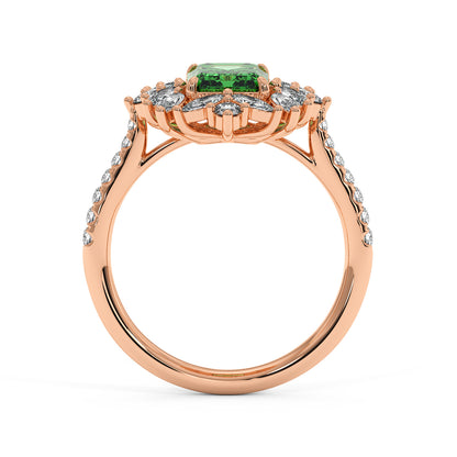 14k rose gold ring with a 2.25CT green YAG center flanked by diamond clusters on a diamond-studded band, exuding elegance and luxury.
