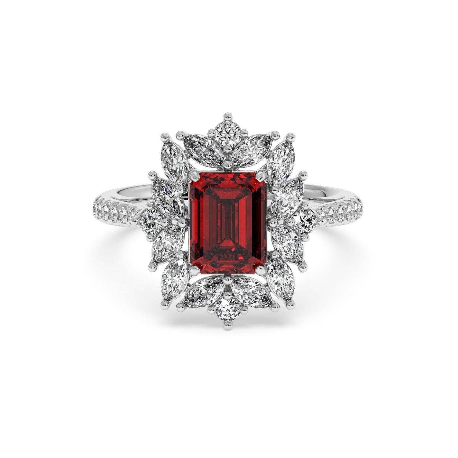 14k white gold ring with an emerald-cut red ruby surrounded by sparkling diamonds in a floral pattern, showcasing timeless elegance.