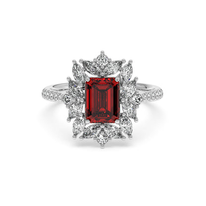14k white gold ring with an emerald-cut red ruby surrounded by sparkling diamonds in a floral pattern, showcasing timeless elegance.