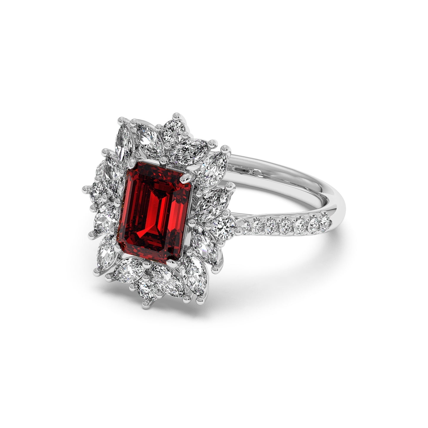 14k white gold ring with a rectangular 2.25CT red ruby surrounded by white diamonds on a diamond-studded band, exuding luxury.