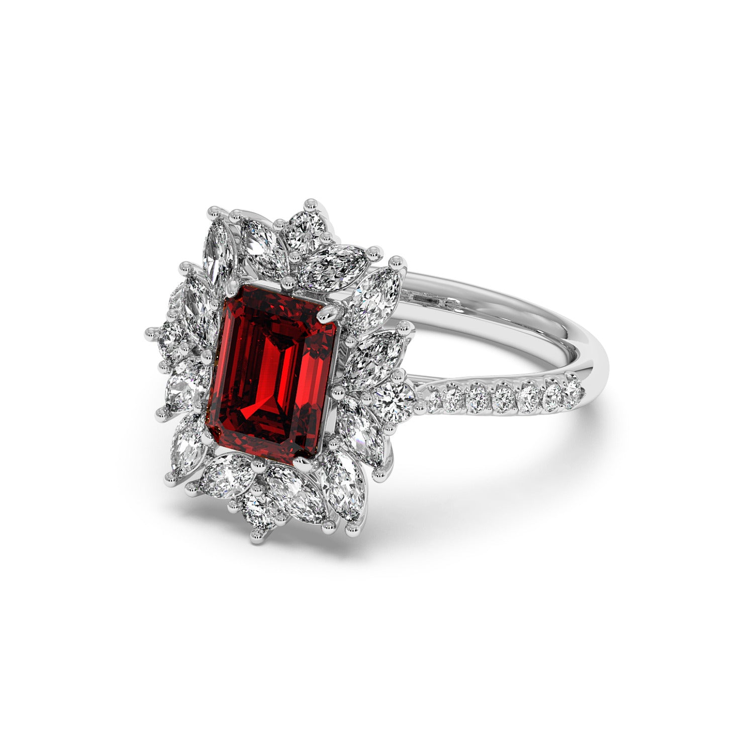 14k white gold ring with a rectangular 2.25CT red ruby surrounded by white diamonds on a diamond-studded band, exuding luxury.