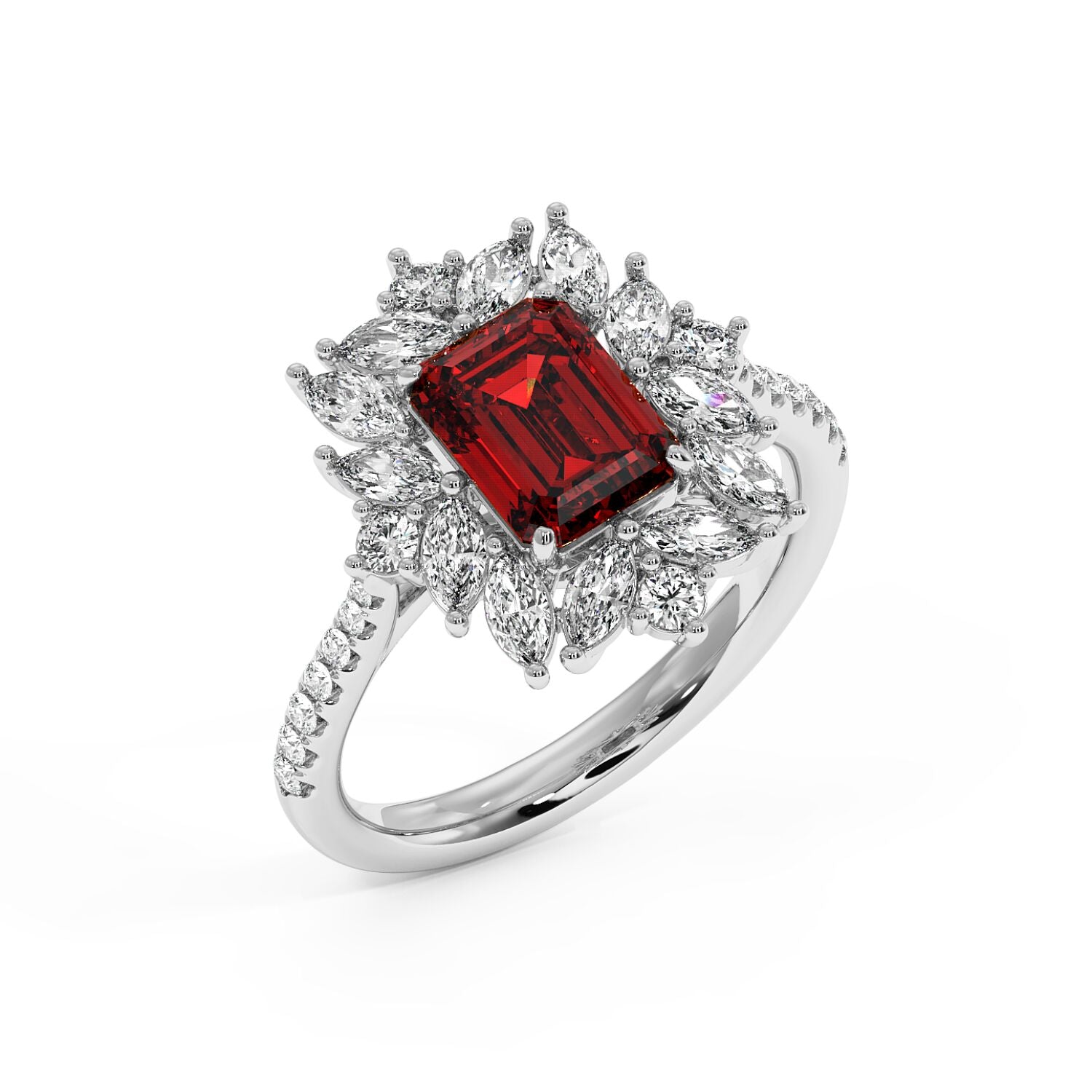 Top view of 14k white gold ring with an emerald-cut red ruby surrounded by sparkling diamonds in a floral pattern.