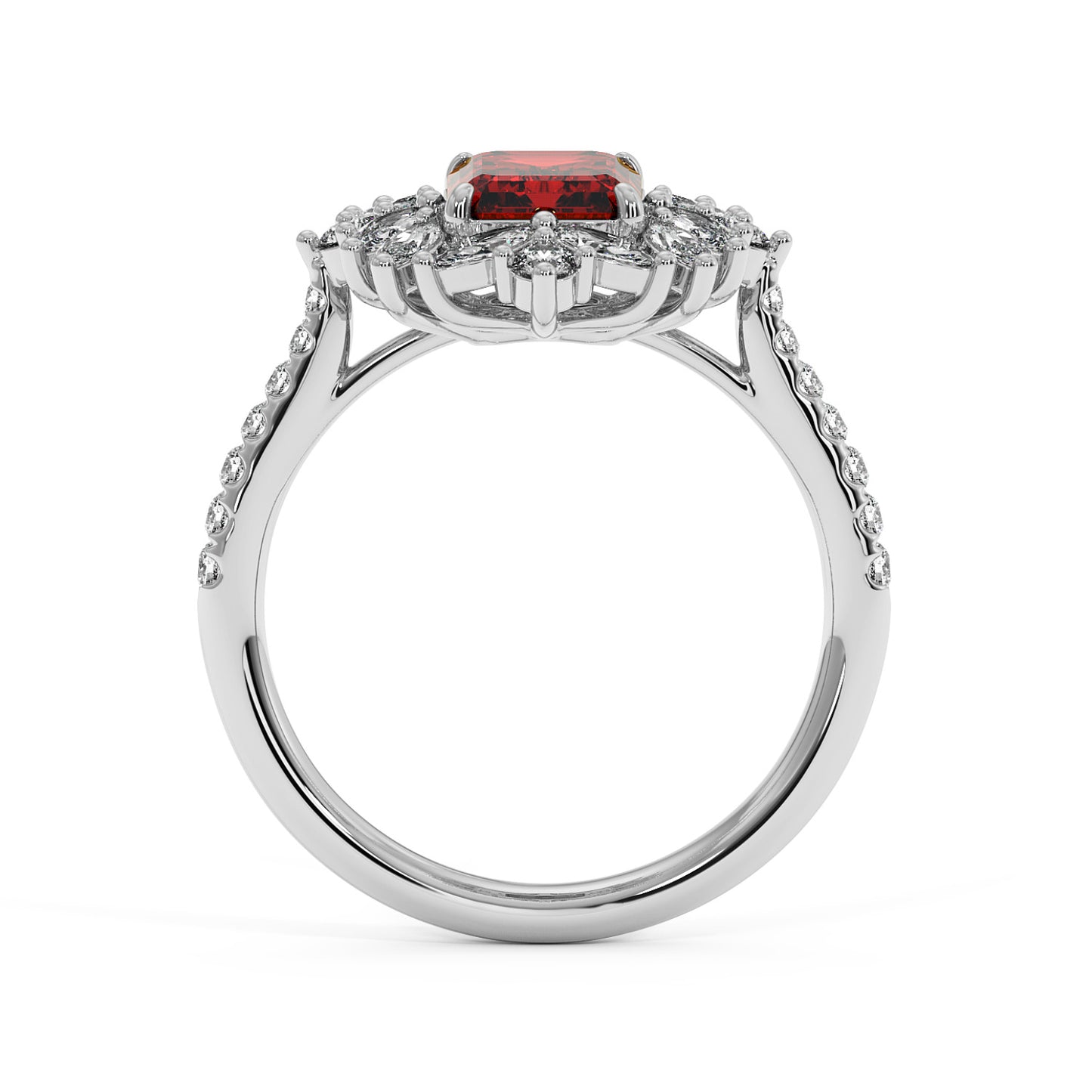 Top view of 14k white gold ring with a 2.25CT red ruby centerpiece surrounded by sparkling white diamonds on a diamond-studded band.