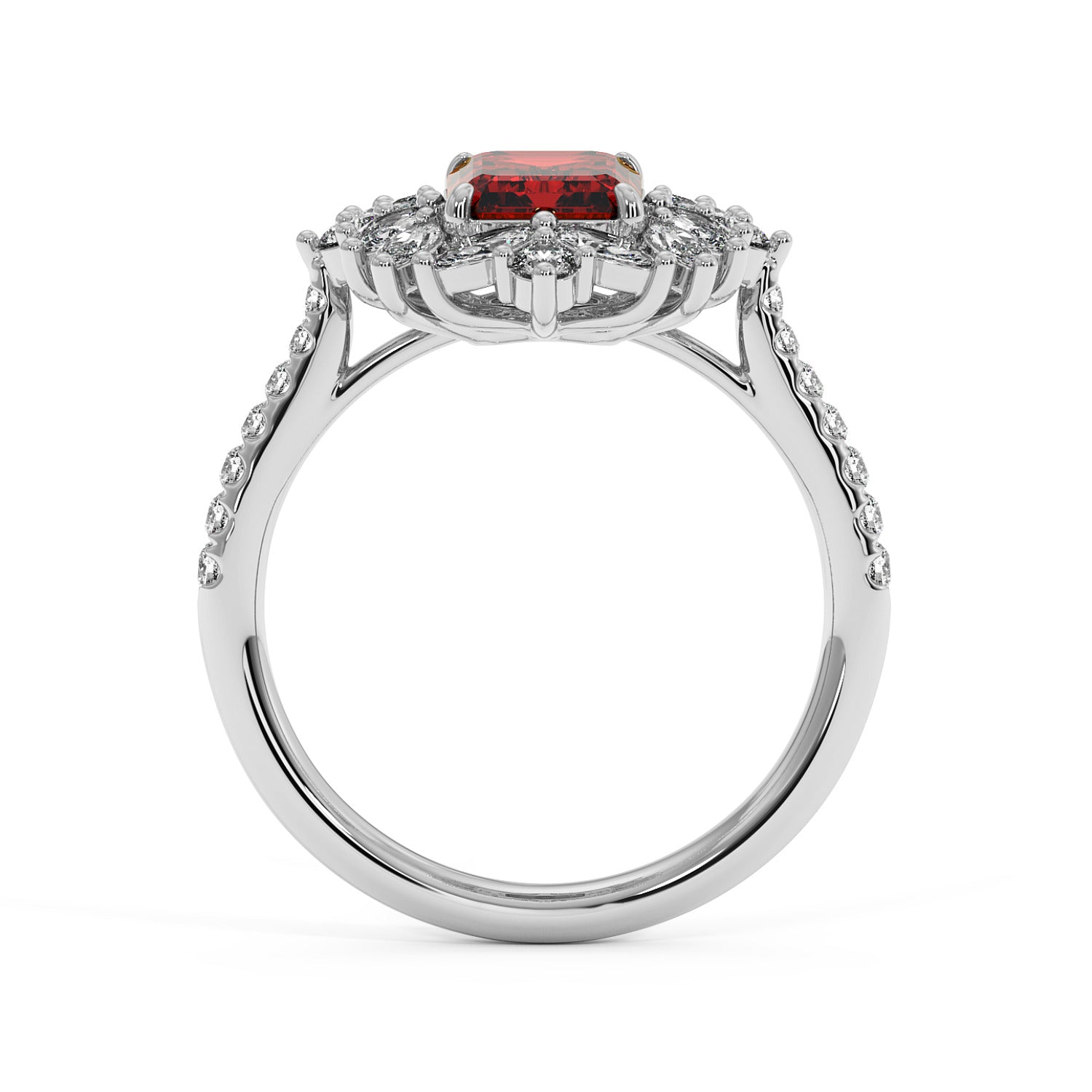Top view of 14k white gold ring with a 2.25CT red ruby centerpiece surrounded by sparkling white diamonds on a diamond-studded band.