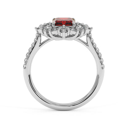 Top view of 14k white gold ring with a 2.25CT red ruby centerpiece surrounded by sparkling white diamonds on a diamond-studded band.
