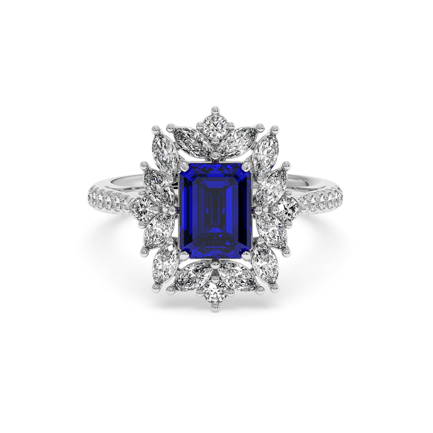 Elegant ring with a rectangular 2.25CT blue sapphire center, surrounded by marquise diamonds and a diamond-studded band.