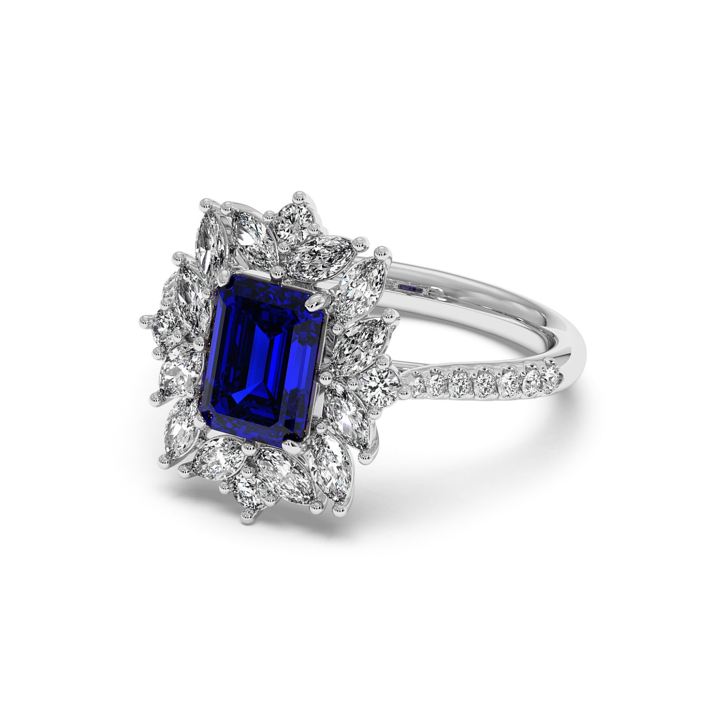 Elegant 14k white gold ring with a rectangular 2.25CT blue sapphire surrounded by sparkling diamonds in a floral pattern.