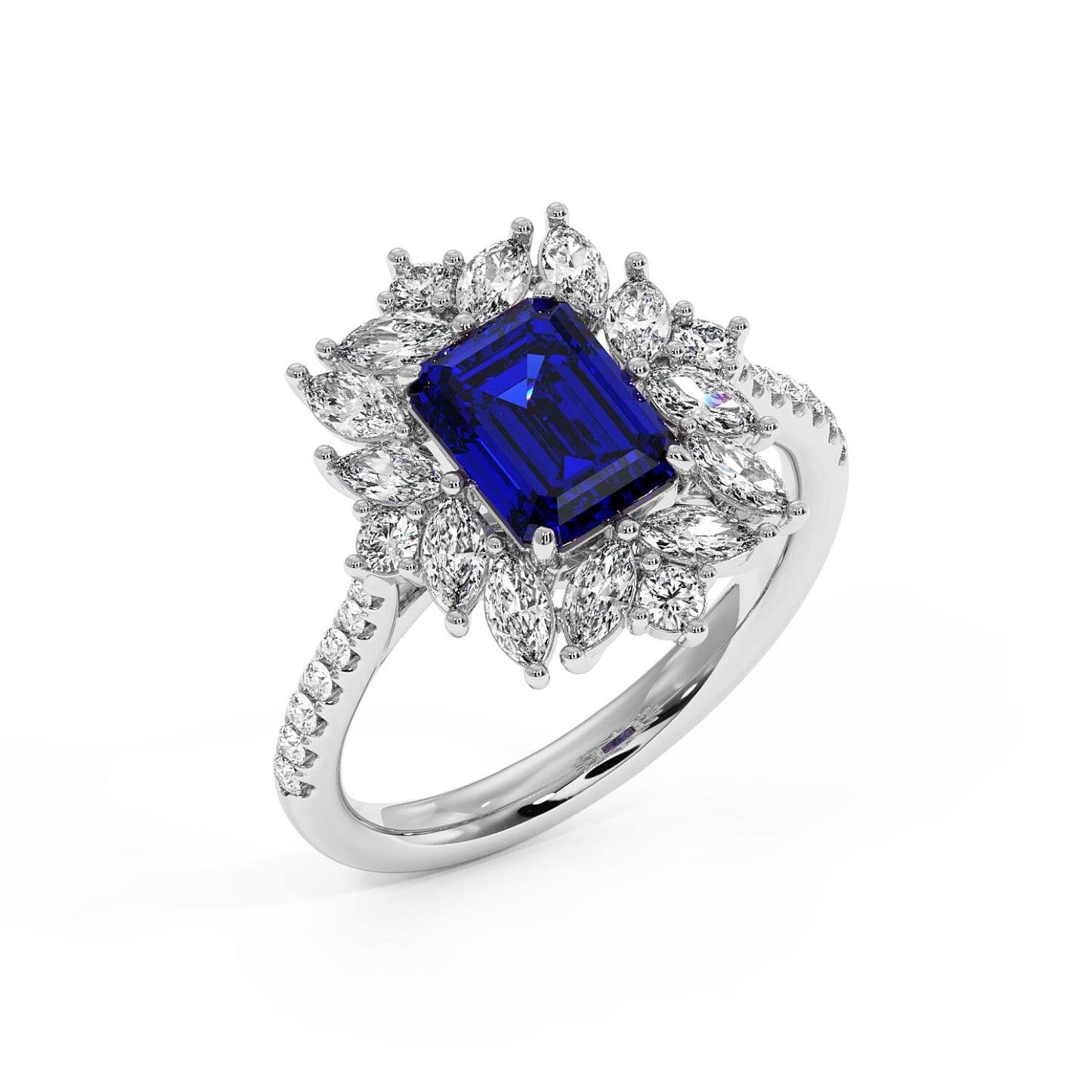 Top view of elegant ring with a rectangular 2.25CT blue sapphire center in a diamond-studded band.