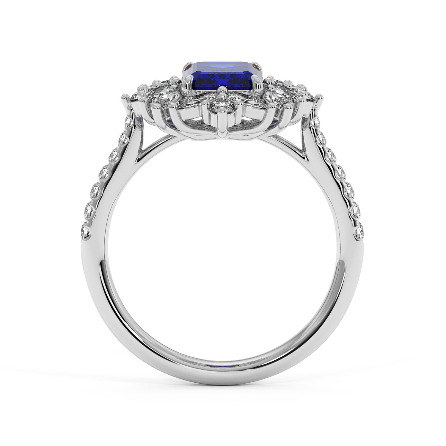 14k white gold ring with a 2.25CT blue sapphire center surrounded by smaller diamonds and a diamond-studded band, exuding elegance.