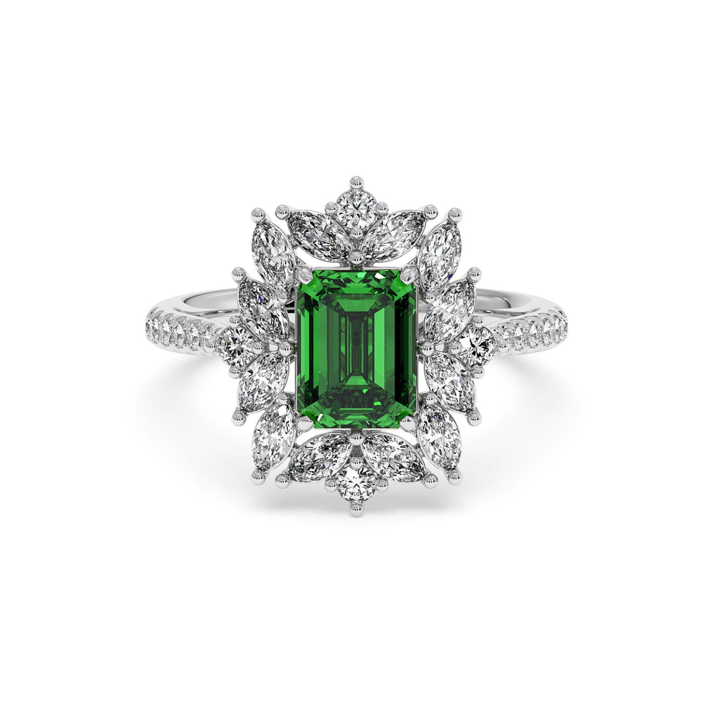 14k white gold ring with a 2.25CT emerald-cut green YAG, framed by marquise and round diamonds on a diamond-studded band.