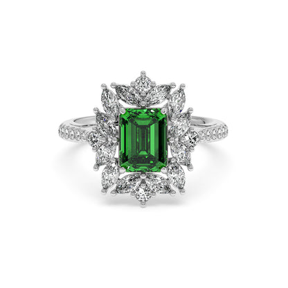 14k white gold ring with a 2.25CT emerald-cut green YAG, framed by marquise and round diamonds on a diamond-studded band.