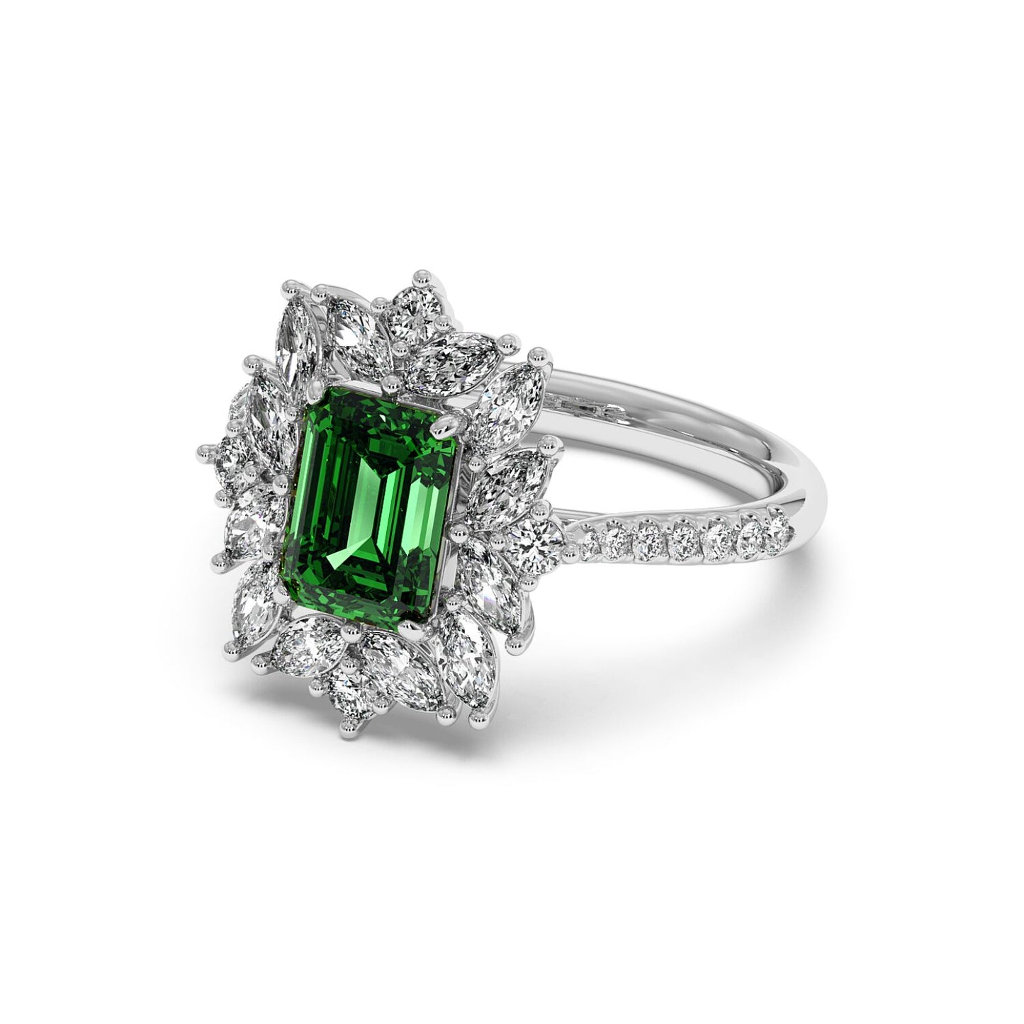 14k white gold ring with a 2.25CT emerald-cut green YAG, surrounded by marquise and round diamonds on a diamond-encrusted band.