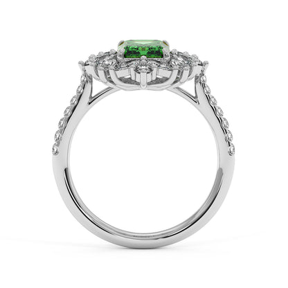 14k white gold ring with a 2.25CT green YAG, accented by intricate diamonds on the band, exuding elegance and luxury.