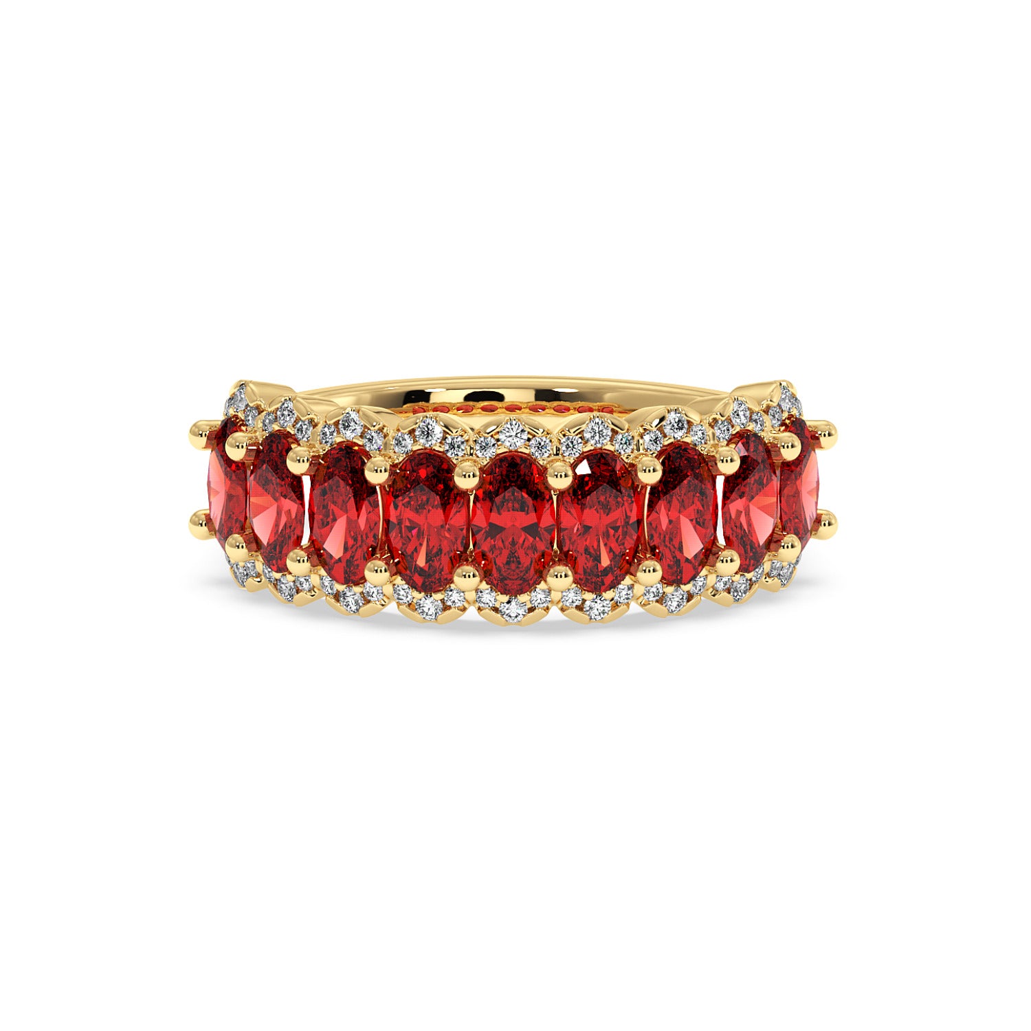 14k gold ring featuring a row of large, oval Red Ruby gemstones bordered by small, sparkling white diamonds.