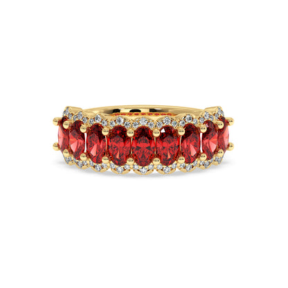 14k gold ring featuring a row of large, oval Red Ruby gemstones bordered by small, sparkling white diamonds.