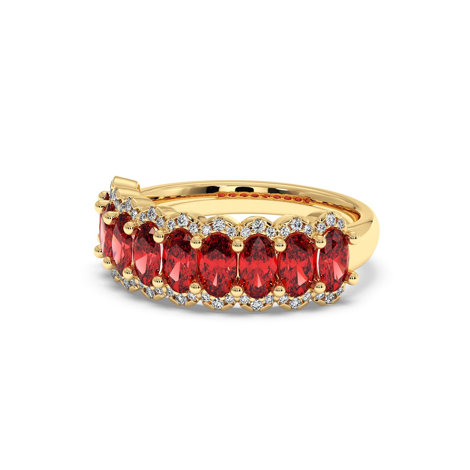 14k gold ring adorned with a row of five large, oval Red Ruby gemstones encircled by small, sparkling diamonds.