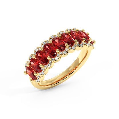 14k gold ring adorned with a row of oval Red Ruby gemstones, bordered by small clear diamonds.