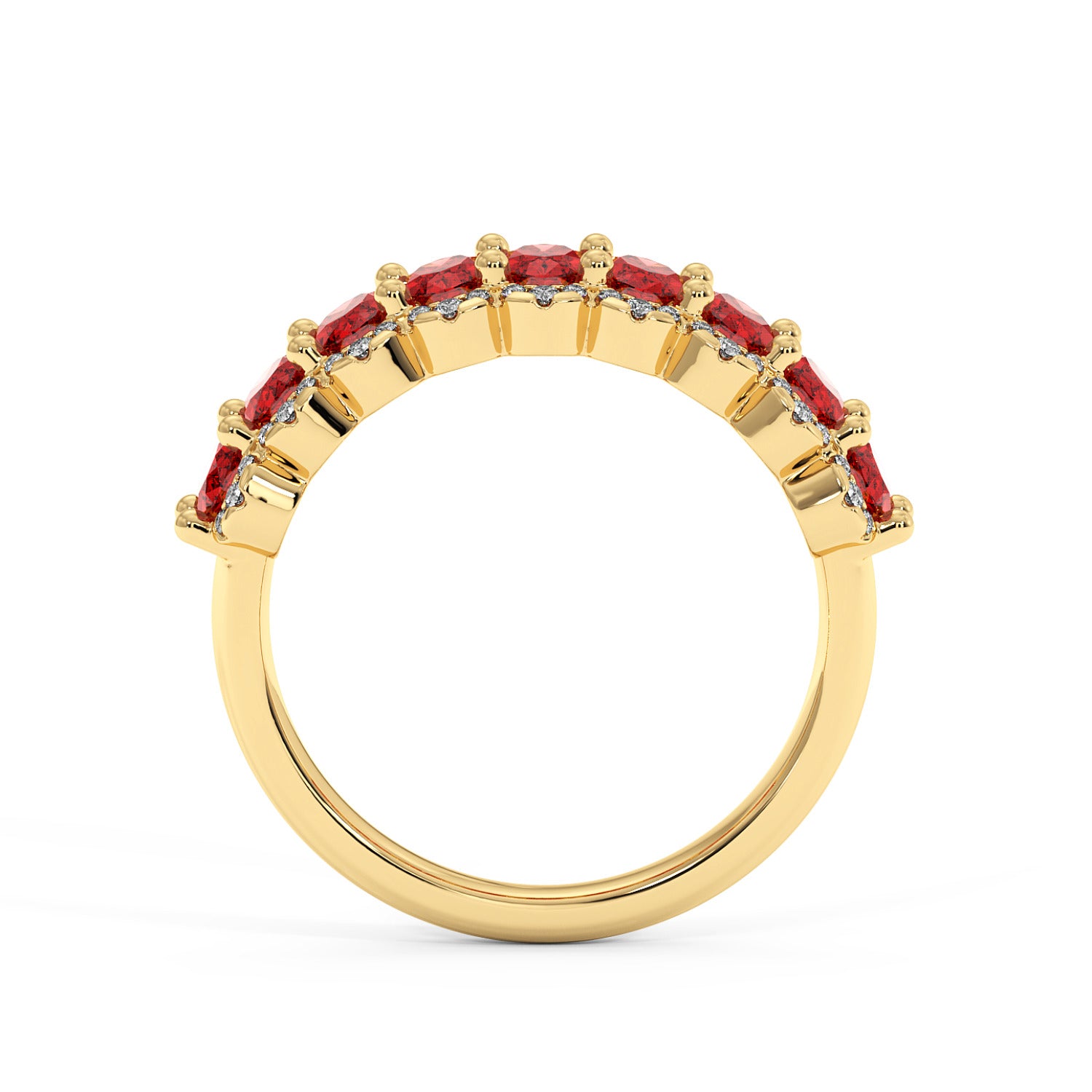 14k gold ring adorned with a row of Red Ruby gemstones with an intense, rich color, shown side-on.